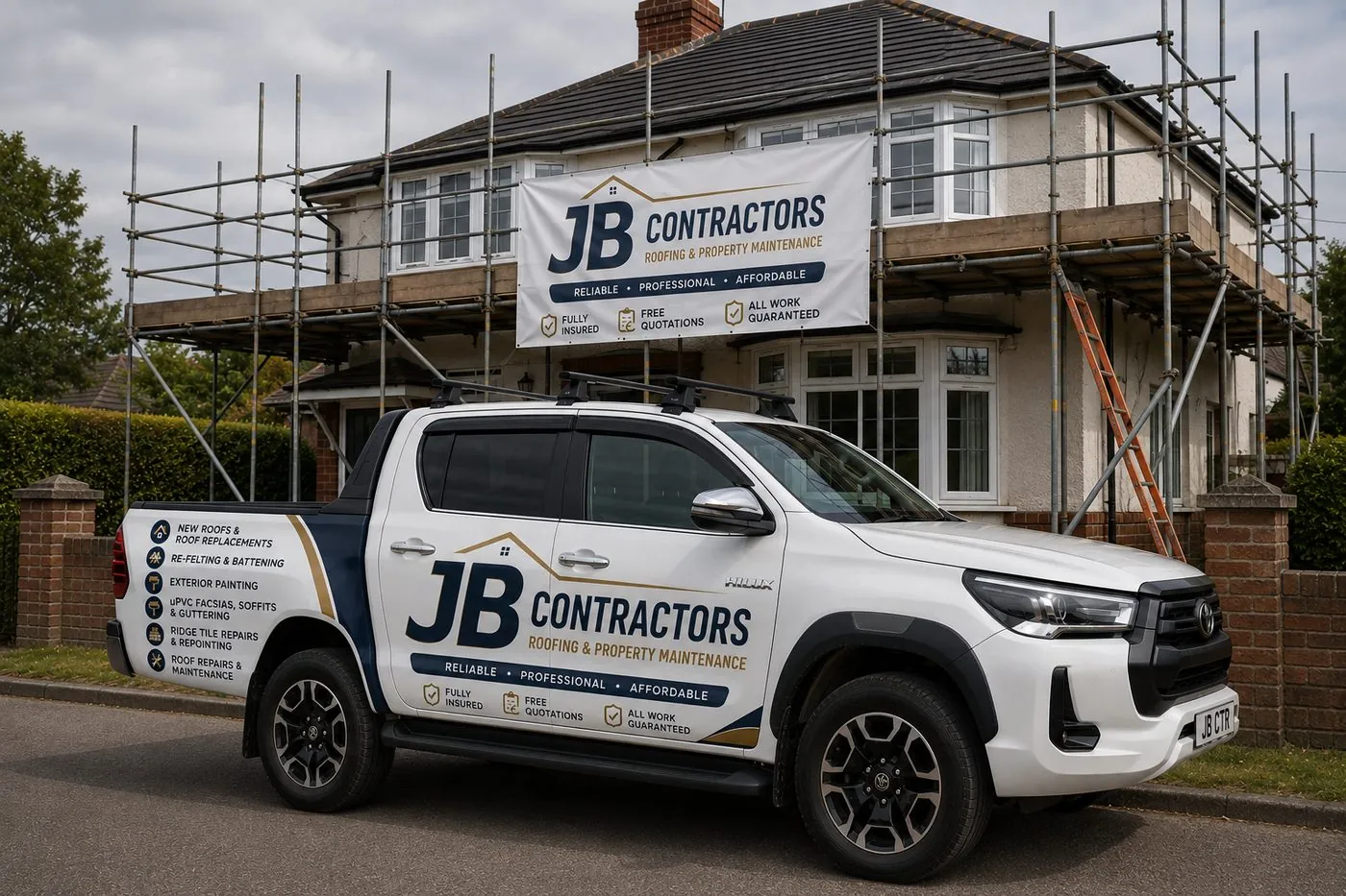 Sidmouth Roofing pickup truck on site at a scaffolded roofing job in Sidmouth